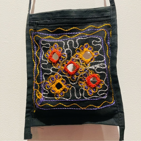 Vintage Y2K Mirrored/Embroidered Black Boho Crossbody Bag - Picture 3 of 8